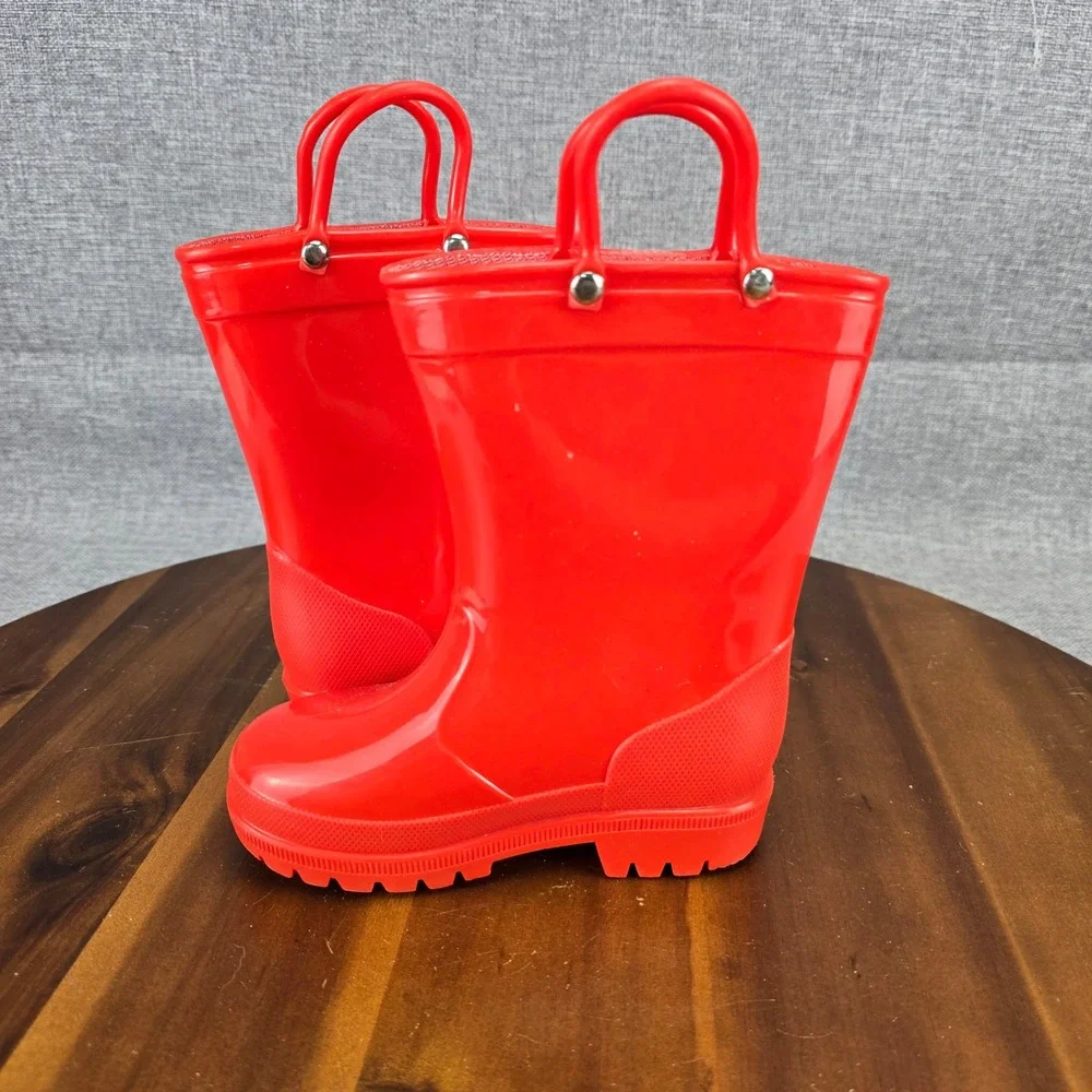 Red Toddler Rain Boots Size 8 Waterproof Pull On Handles Glossy Rubber Boots - Picture 8 of 13